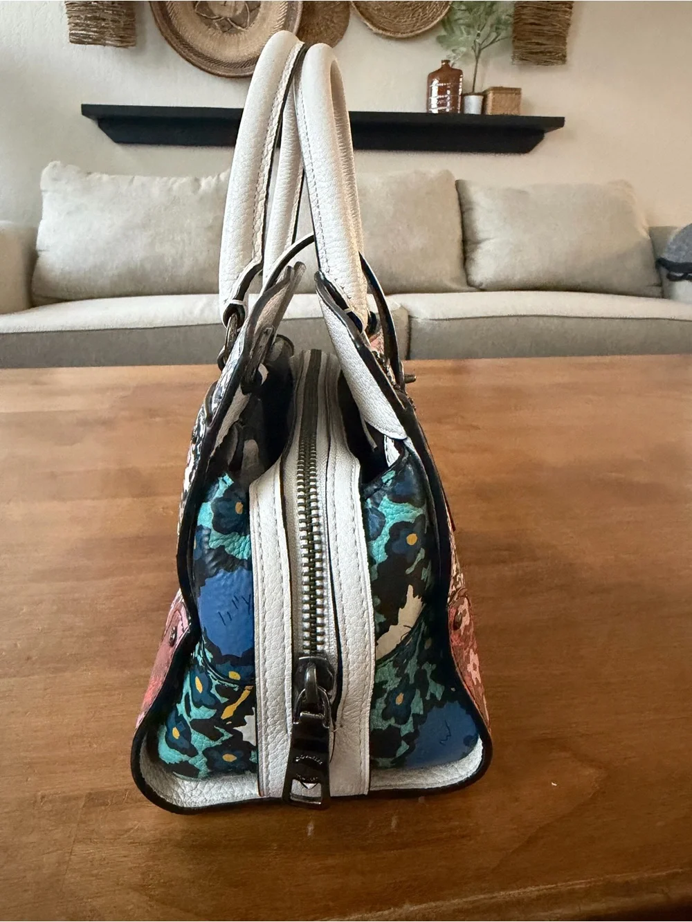 Coach Floral Print Satchel in Multi with White Handles